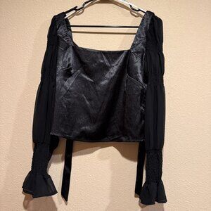 Lulus Top Womens Medium Black Off the Shoulder Satin Crop Blouse